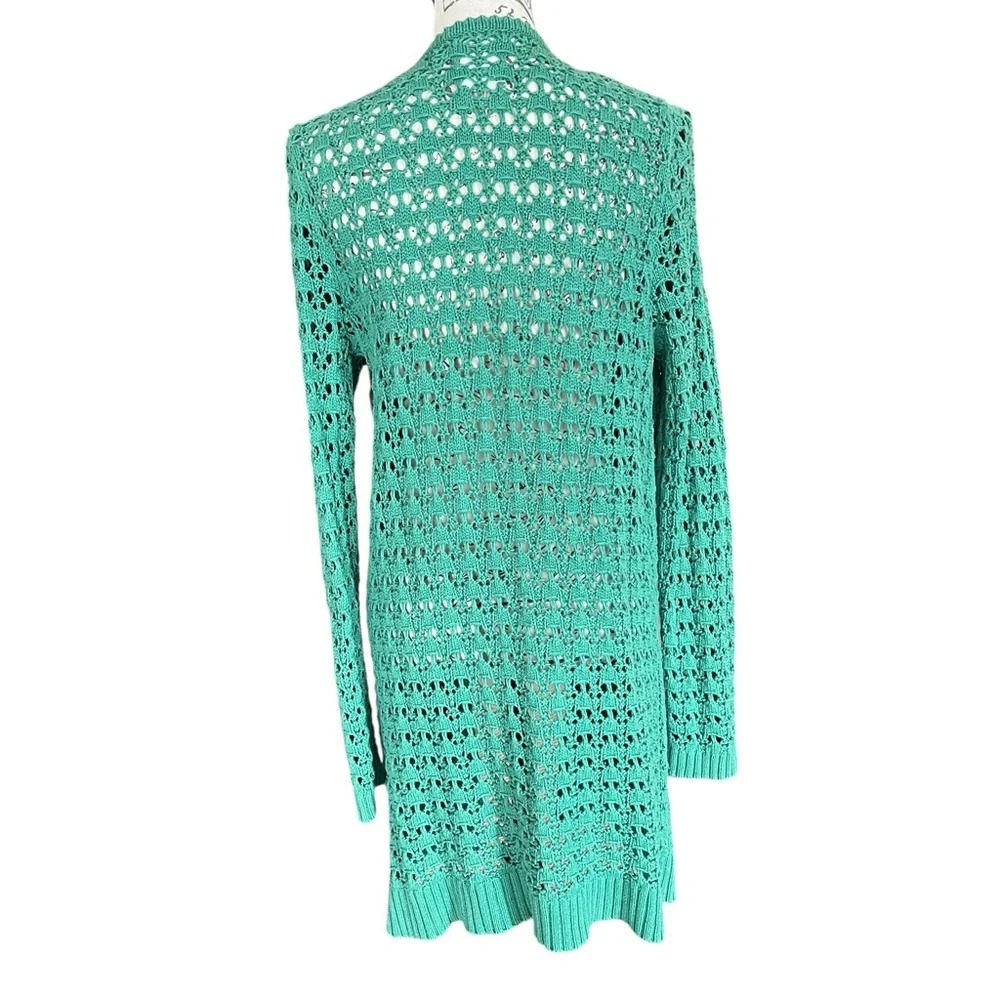 Anthropologie Far Away From Close Green Crochet long line  Cardigan Medium - Picture 3 of 6